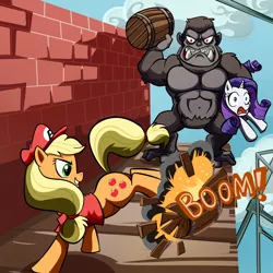 Size: 1000x1000 | Tagged: applejack, artist:madmax, barrel, brick wall, bucking, clothes, cosplay, crossover, derpibooru import, donkey kong, donkey kong series, female, gorilla, hat, mario, rarity, safe, super mario bros.