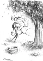 Size: 635x900 | Tagged: apple, applebucking, applejack, artist:huussii, derpibooru import, monochrome, safe, solo, traditional art, tree