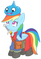 Size: 2477x3609 | Tagged: artist:he4rtofcourage, clothes, crossover, derpibooru import, dragon quest (game), high res, rainbow dash, safe, simple background, slime, solo, sword, transparent background, weapon