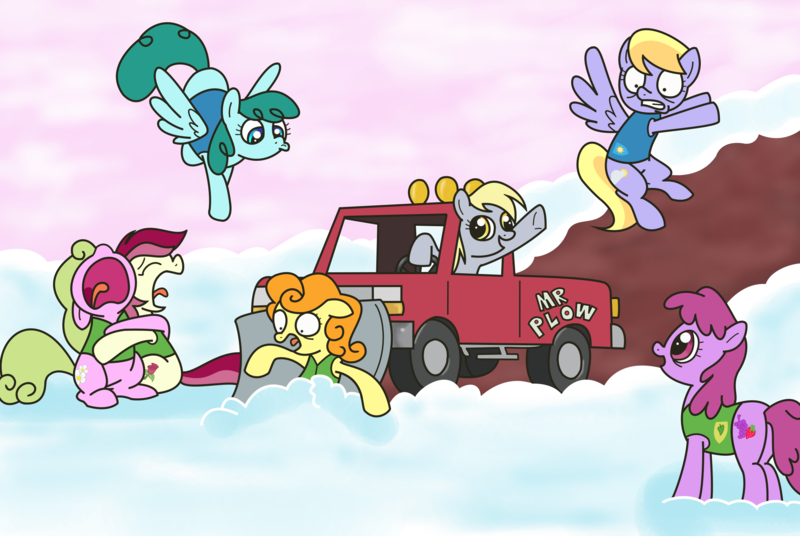 Size: 2322x1557 | Tagged: safe, artist:kukimao, derpibooru import, berry punch, berryshine, carrot top, cloud kicker, daisy, derpy hooves, flower wishes, golden harvest, roseluck, spring melody, sprinkle medley, earth pony, pegasus, pony, winter wrap up, background pony, clothes, crossover, derpy driving, dirt, driving, female, flying, mare, mr. plow, ovapowa'd plow!, parody, plant team, riding, snow, the horror, the simpsons, this will end in tears, truck, vest, weather team, winter wrap up vest