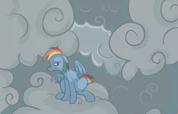 Size: 795x513 | Tagged: safe, artist:ponygoggles, derpibooru import, rainbow dash, pegasus, pony, cloud, cloudy, female, floppy ears, hooves, mare, on a cloud, sad, sitting, sitting on cloud, solo, wings