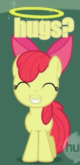 Size: 275x561 | Tagged: safe, derpibooru import, edit, edited screencap, screencap, apple bloom, earth pony, pony, stare master, caption, cropped, female, filly, hub logo, hug, hug request, image macro, solo