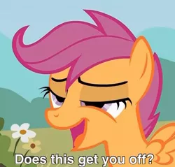 Size: 607x581 | Tagged: bedroom eyes, caption, derpibooru import, edit, edited screencap, female, implied, scootaloo, screencap, solo, solo female, suggestive