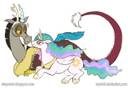 Size: 900x622 | Tagged: safe, artist:squiddi, artist:stepandy, derpibooru import, discord, princess celestia, dislestia, female, male, shipping, simple background, straight, transparent background