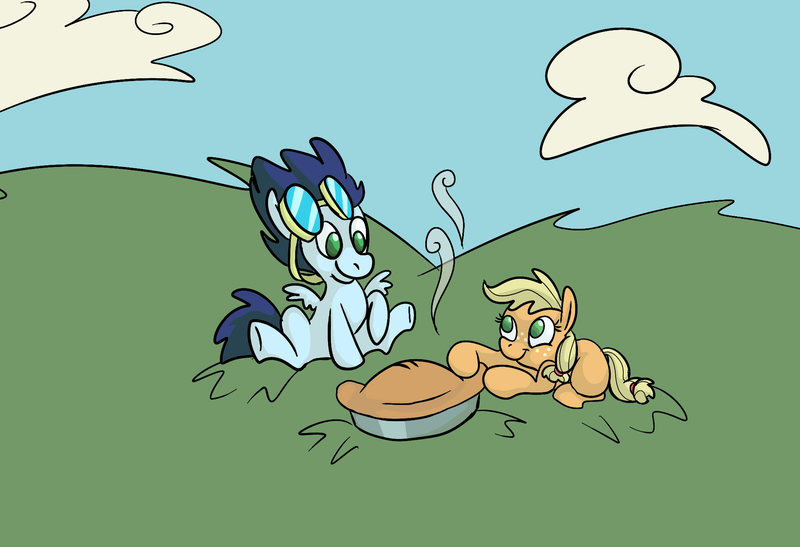 Size: 1992x1363 | Tagged: safe, artist:ponygoggles, derpibooru import, applejack, soarin', earth pony, pegasus, pony, apple, apple pie, colt, cute, female, filly, foal, foal romance, food, goggles, hatless, jackabetes, male, missing accessory, no pupils, pie, shipping, soarinbetes, soarinjack, straight, that pony sure does love pies