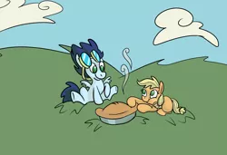 Size: 1992x1363 | Tagged: safe, artist:ponygoggles, derpibooru import, applejack, soarin', earth pony, pegasus, pony, apple, apple pie, colt, cute, female, filly, foal, foal romance, food, goggles, hatless, jackabetes, male, missing accessory, no pupils, pie, shipping, soarinbetes, soarinjack, straight, that pony sure does love pies
