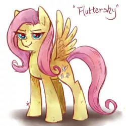 Size: 900x900 | Tagged: safe, artist:dotoriii, derpibooru import, fluttershy, pegasus, pony, female, looking at you, mare, name, smug, solo, spread wings, standing, three quarter view, wings