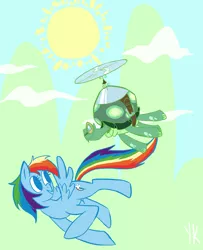 Size: 1300x1600 | Tagged: artist:dotoriii, derpibooru import, duo, flying, mountain, pet, rainbow dash, safe, sun, tank