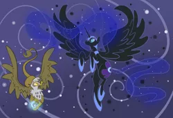 Size: 1992x1363 | Tagged: safe, artist:ponygoggles, derpibooru import, gilda, nightmare moon, alicorn, gryphon, pony, abstract background, duo, duo female, female, flying, glowing eyes, mare, spread wings, wings