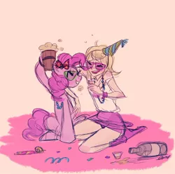 Size: 900x891 | Tagged: artist:emmy, bow, cider, crossover, derpibooru import, hat, homestuck, human, necklace, party hat, party horn, pinkie pie, roxy lalonde, safe