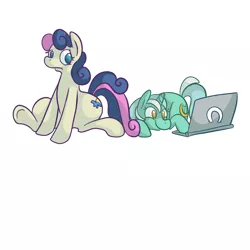 Size: 2000x2000 | Tagged: safe, artist:ponygoggles, derpibooru import, bon bon, lyra heartstrings, sweetie drops, earth pony, pony, unicorn, :t, computer, dexterous hooves, female, frown, high res, laptop computer, lesbian, lidded eyes, looking back, lyrabon, mare, no pupils, prone, sad, shipping, simple background, sitting, smiling, underhoof, white background, worried