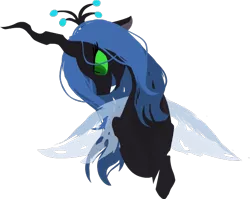 Size: 586x467 | Tagged: safe, artist:ghost, derpibooru import, queen chrysalis, changeling, changeling queen, bust, fangs, female, floppy ears, image, looking down, open mouth, png, simple background, smiling, solo, transparent background