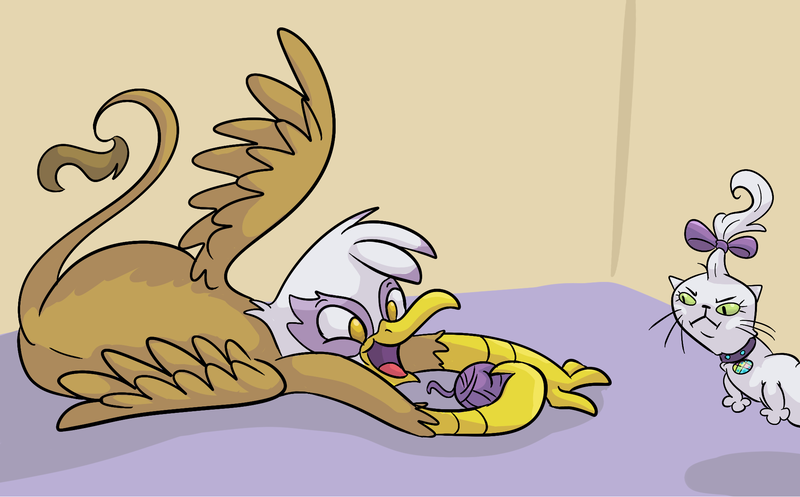 Size: 1988x1234 | Tagged: safe, artist:ponygoggles, derpibooru import, gilda, opalescence, cat, gryphon, annoyed, behaving like a cat, catbird, female, griffons doing cat things, happy, having fun, image, lying down, open mouth, playing, png, raised tail, spread wings, tail, wings, yarn, yarn ball