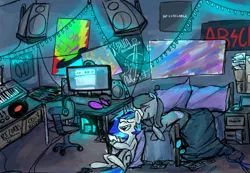 Size: 1055x731 | Tagged: safe, artist:ghost, derpibooru import, octavia melody, vinyl scratch, bed, bedroom, chair, computer, female, lesbian, mare, mixing console, poster, room, scratchtavia, shipping