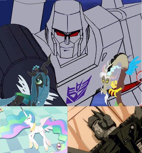 Size: 1026x1106 | Tagged: safe, derpibooru import, discord, princess celestia, queen chrysalis, changeling, changeling queen, comparison, female, hub logo, megatron, optimus prime, transformers