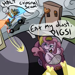 Size: 2000x2000 | Tagged: safe, artist:ponygoggles, derpibooru import, pinkie pie, snails, snips, earth pony, pony, unicorn, car, chase, colt, criminal scum, female, fuck the police, gun, high res, male, mare, stop right there criminal scum, trio
