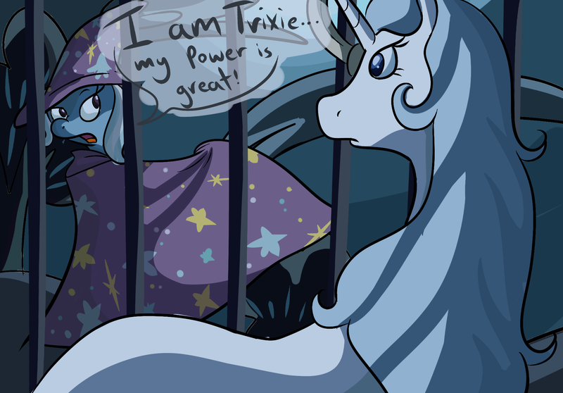 Size: 2000x1395 | Tagged: safe, artist:ponygoggles, derpibooru import, trixie, pony, unicorn, amalthea, cage, crossover, duo, duo female, female, mare, schmendrick, the last unicorn