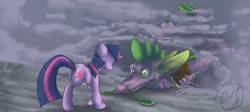 Size: 1920x859 | Tagged: adult spike, artist:batlover800, book, derpibooru import, duo, older, safe, spike, twilight sparkle, water