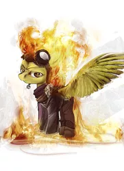 Size: 760x1052 | Tagged: artist:xatiav, clothes, derpibooru import, fire, goggles, jacket, mane of fire, safe, solo, spitfiery, spitfire, spitfire's hair is fire