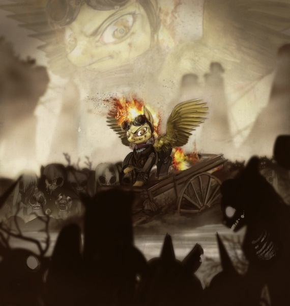 Size: 1140x1200 | Tagged: apocalypse, artist:xatiav, derpibooru import, grimdark, spitfire, wagon, zombie