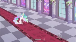 Size: 856x476 | Tagged: batman, derpibooru import, looking up, meme, princess celestia, safe, screencap, solo, the crystal empire, walking, youtube caption