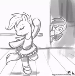 Size: 837x850 | Tagged: safe, artist:johnjoseco, derpibooru import, rainbow dash, scootaloo, pony, ballet, bipedal, clothes, cute, cutealoo, dancing, dress, eyes closed, grayscale, monochrome, shoes, skirt, skirtaloo, tutu