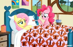 Size: 1680x1086 | Tagged: artist:willisninety-six, bed, caring for the sick, cold, derpibooru import, feeding, fluttershy, pinkie pie, safe, sick, soup