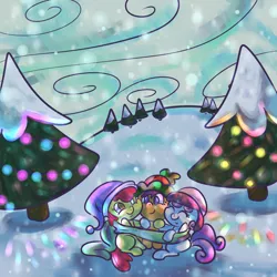 Size: 1000x1000 | Tagged: safe, artist:ponygoggles, derpibooru import, apple bloom, scootaloo, sweetie belle, earth pony, pegasus, pony, unicorn, christmas, christmas tree, clothes, cutie mark crusaders, female, filly, hat, scarf, sitting, snow, snowfall, tree, trio, trio female, winter