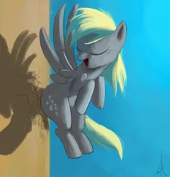 Size: 679x706 | Tagged: safe, artist:raikoh, derpibooru import, derpy hooves, pegasus, pony, the last roundup, butt bump, eyes closed, female, flying, iron plot, mare, open mouth, scene interpretation, solo
