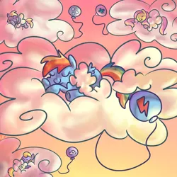 Size: 1000x1000 | Tagged: safe, artist:ponygoggles, derpibooru import, cloud kicker, derpy hooves, fluttershy, rainbow dash, pegasus, pony, balloon, cloud, cloudy, eyes closed, female, filly, foal, hooves, lying on a cloud, on a cloud, prone, sleeping, solo, wings