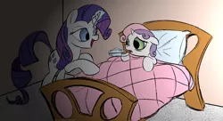 Size: 1416x771 | Tagged: dead source, safe, artist:rubrony, derpibooru import, rarity, sweetie belle, pony, unicorn, bed, caring for the sick, magic, medicine, sick, spoon