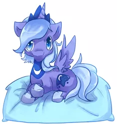 Size: 592x629 | Tagged: safe, artist:cheerubi, derpibooru import, princess luna, alicorn, pony, chibi, crossed hooves, cutie mark, female, horn, jewelry, looking at you, pillow, regalia, simple background, solo, white background, wings, woona