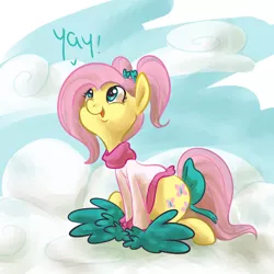 Size: 1000x1000 | Tagged: safe, artist:ponygoggles, derpibooru import, fluttershy, pegasus, pony, alternate hairstyle, bow, cheerleader, cheerleader outfit, clothes, cloud, cloudy, cute, cutie mark, female, hooves, mare, on a cloud, open mouth, pom pom, ponytail, ponytails, shyabetes, sitting, sitting on cloud, solo, tail bow, wings, yay