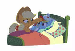 Size: 949x650 | Tagged: safe, artist:carnifex, derpibooru import, applejack, rainbow dash, appledash, bed, comforting, ice pack, shipping, sick, thermometer