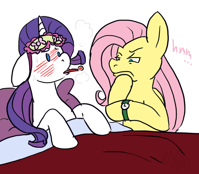 Size: 819x716 | Tagged: artist:cartoonlion, dead source, derpibooru import, fluttershy, rarity, safe, sick, thermometer