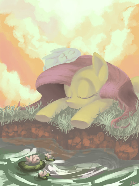 Size: 1200x1600 | Tagged: safe, artist:docwario, derpibooru import, angel bunny, fluttershy, pegasus, pony, rabbit, animal, duo, eyes closed, female, lilypad, mare, outdoors, pond, prone, river, sitting on head, sleeping, three quarter view, water