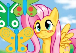 Size: 519x366 | Tagged: safe, artist:the-unicorn-lord, derpibooru import, fluttershy, butterfly, pegasus, pony, blush sticker, blushing, female, mare, smiling, solo, spread wings, three quarter view, wings