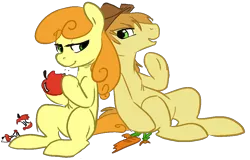 Size: 1052x672 | Tagged: apple, artist:briskby, braeburn, carrot, carrotburn, carrot top, derpibooru import, female, food, golden harvest, male, safe, shipping, straight