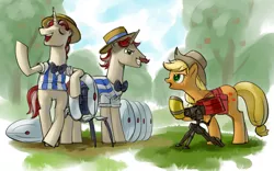 Size: 1600x1000 | Tagged: safe, artist:stupjam, derpibooru import, applejack, flam, flim, earth pony, pony, unicorn, brothers, crossover, engiejack, engineer, female, flim flam brothers, male, mare, portal (valve), sentry, sentry gun, stallion, team fortress 2, trio, turret