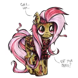 Size: 1064x1064 | Tagged: :<, artist:akikodestroyer, brain, clothes, cute, derpibooru import, dialogue, dirty, earring, fluttershy, frown, grimcute, grimdark, looking at you, monster, piercing, shirt, solo, torn clothes, worm, zombie