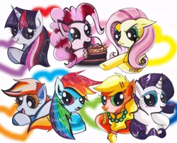 Size: 757x614 | Tagged: safe, artist:aurora-chiaro, derpibooru import, applejack, derpy hooves, fluttershy, pinkie pie, rainbow dash, rarity, twilight sparkle, pegasus, pony, elements of harmony, female, mane six, mare