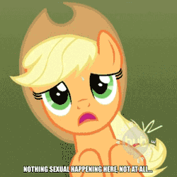 Size: 320x320 | Tagged: suggestive, derpibooru import, edit, edited screencap, screencap, applejack, earth pony, pony, the super speedy cider squeezy 6000, animated, applejack's hat, breathing, caption, cowboy hat, female, gif, hat, hub logo, image macro, implied sex, invisible stallion, mare, on back, out of context, solo, solo female, sweat, yellow mane