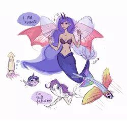 Size: 900x855 | Tagged: artist:emmy, belly button, cleavage, cute, derpibooru import, female, fish, fluttershy, humanized, mermaid, mermaidized, midriff, princess luna, rainbow dash, rarity, safe, seashell, species swap, squid, twilight sparkle, wat, wings