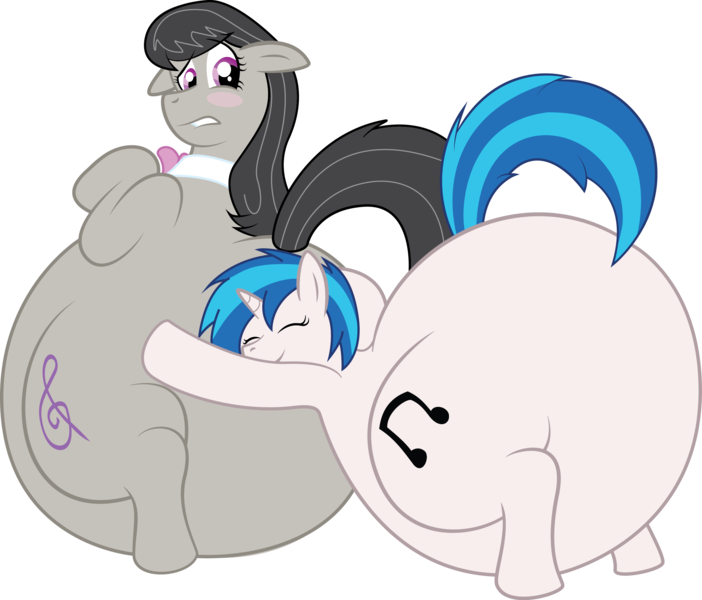 Size: 2619x2239 | Tagged: safe, artist:duragan, derpibooru import, octavia melody, vinyl scratch, adorafatty, blushing, bottom heavy, butt pillow, cute, fat, fatavia, female, high res, lesbian, morbidly obese, obese, overweight, scratchtavia, shipping, vinyl fat