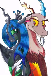Size: 561x827 | Tagged: artist:aurora-chiaro, changeling, changeling queen, derpibooru import, discolis, discord, female, male, queen chrysalis, safe, shipping, simple background, straight, traditional art