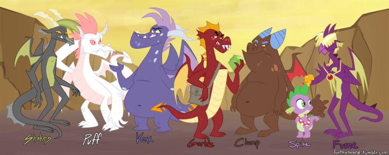 Size: 1191x477 | Tagged: artist:peachiekeenie, ask garble, baff, clump, derpibooru import, dragon, fizzle, fume, garble, noname, puff, safe, shakes, spear, spike, teenaged dragon, vex