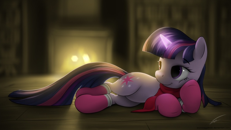 Size: 1920x1080 | Tagged: safe, artist:bioniclegahlok, derpibooru import, twilight sparkle, pony, unicorn, backlighting, clothes, cute, female, fireplace, glowing horn, mare, photoshop, prone, scarf, socks, solo, twiabetes, unicorn twilight, wallpaper