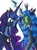 Size: 502x674 | Tagged: safe, artist:aurora-chiaro, derpibooru import, princess luna, queen chrysalis, alicorn, changeling, changeling queen, duo, female, frown, glowing horn, gritted teeth, horn, image, jpeg, looking at each other, mare, simple background, white background