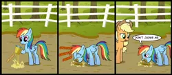Size: 1500x656 | Tagged: safe, artist:madmax, derpibooru import, applejack, rainbow dash, earth pony, pegasus, pony, the super speedy cider squeezy 6000, cider, comic, dirt, don't judge me, eating, eating dirt, female, fence, mare, puffy cheeks