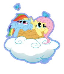 Size: 510x596 | Tagged: safe, artist:dinkelion, derpibooru import, fluttershy, rainbow dash, bird, pegasus, pony, cloud, duo, looking at something, looking up, nest, simple background, transparent background